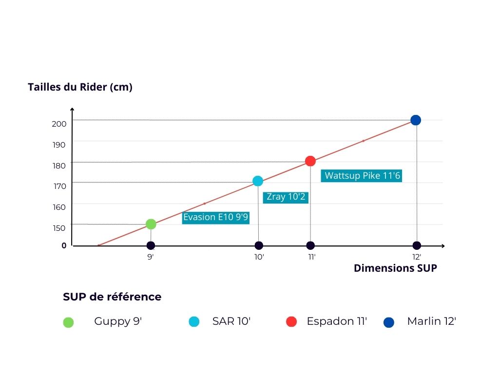 Tableau de référence pour choisir son stand up paddle. En ordonné, il y a les tailles du rider en centimètres et en abscisses les différents types de SUP, soit polyvalent, de balade ou de touring, Une courbe qui désigne la dimension de la planche. La tailles du rider et l'u