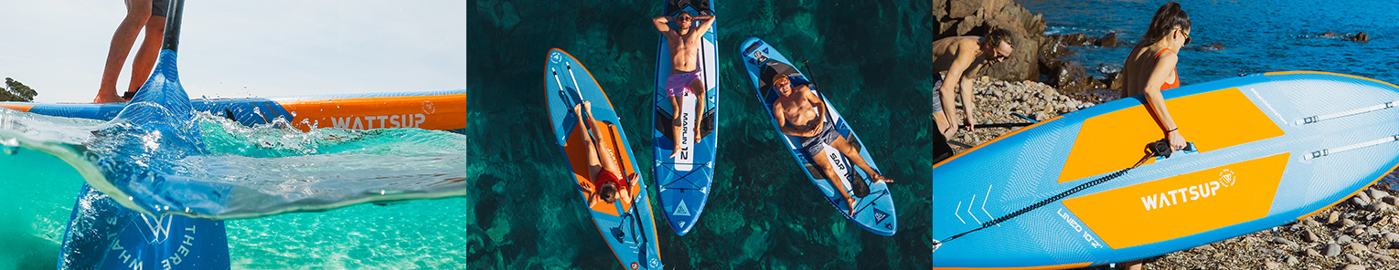 Trois images distinctes illustrent la diversité des planches de stand up paddle Wattsup. Dans la première image, la planche Wattsup Lined 10’2 est mise en avant, flottant gracieusement sur une eau bleu clair, avec en premier plan la pagaie incluse en accessoire. La deuxième image présente un ensemble de trois planches de SUP Wattsup naviguant sur une mer bleu foncé, la planche Wattsup Lined 10’2 étant positionnée à l'extrême gauche de la composition. Enfin, dans la dernière image, une jeune femme est vue portant sa planche de SUP grâce à la poignée de confort située au centre de la planche, avec le leash attaché à l'arrière, offrant une illustration vivante de l'utilisation pratique et polyvalente de ces équipements